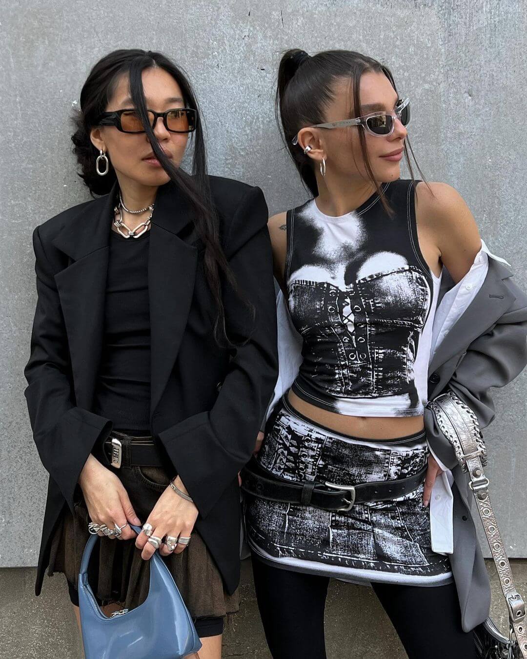 Oversized Blazer with Graphic Corset Top and Denim Skirt Oversized Blazer with Graphic Corset Top and Denim Skirt — Trendy Indie Outfits