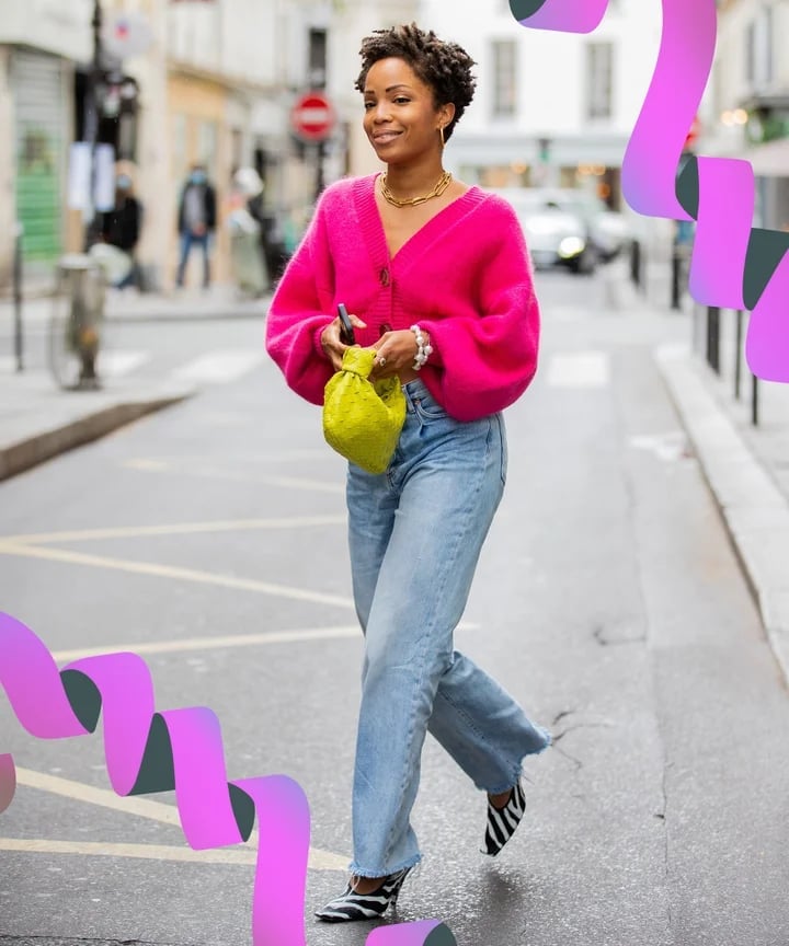 Pink Knit Cardigan with Wide Leg Jeans and Striped Heels Pink Knit Cardigan with Wide Leg Jeans and Striped Heels — Trendy Indie Outfits