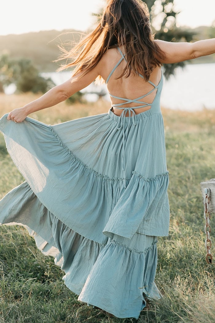Teal Tiered Maxi Dress with Criss-Cross Back Teal Tiered Maxi Dress with Criss-Cross Back — Trendy Indie Outfits