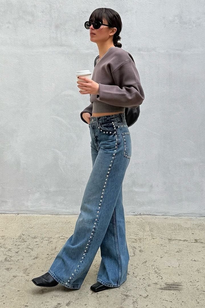 Cropped Sweater with Studded Wide Leg Jeans Cropped Sweater with Studded Wide Leg Jeans — Trendy Indie Outfits