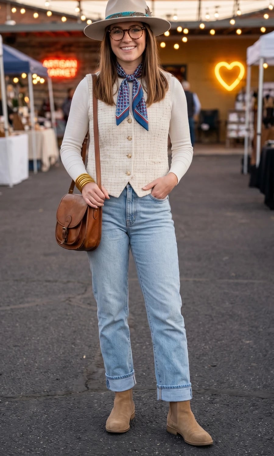 Tweed Vest Over Long-Sleeve Top with Cuffed Jeans Tweed Vest Over Long-Sleeve Top with Cuffed Jeans — Trendy Indie Outfits