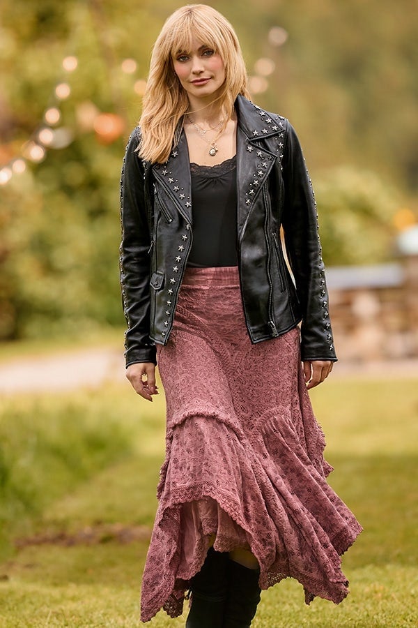 Studded Moto Jacket Over Lace Camisole and Tiered Skirt Studded Moto Jacket Over Lace Camisole and Tiered Skirt — Trendy Indie Outfits