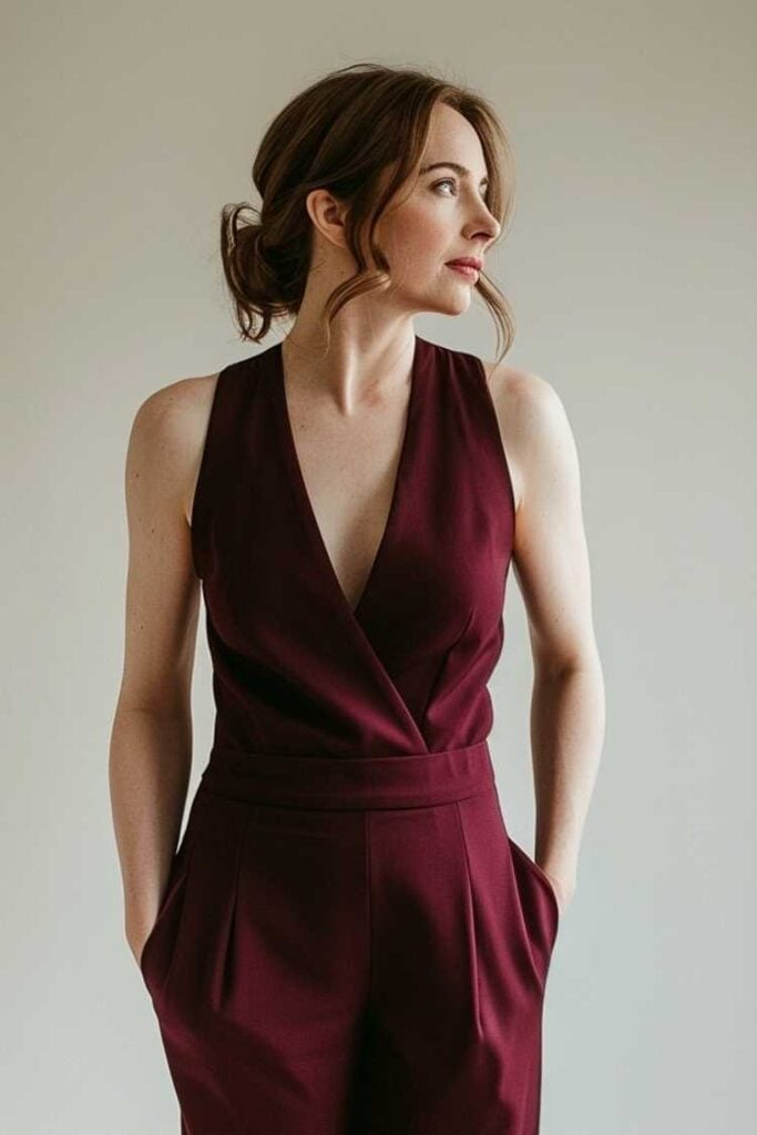 Burgundy Wide-Leg Trousers and Sleeveless Top Burgundy Wide-Leg Trousers and Sleeveless Top — Trendy Interview Outfits