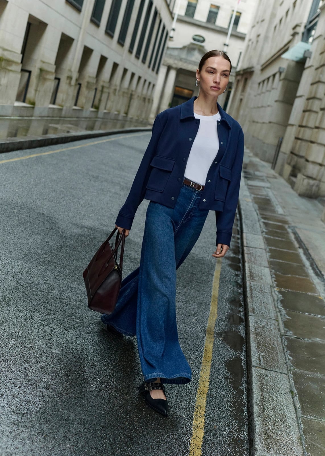 Navy Cropped Jacket with Wide-Leg Jeans Navy Cropped Jacket with Wide-Leg Jeans — Trendy Interview Outfits
