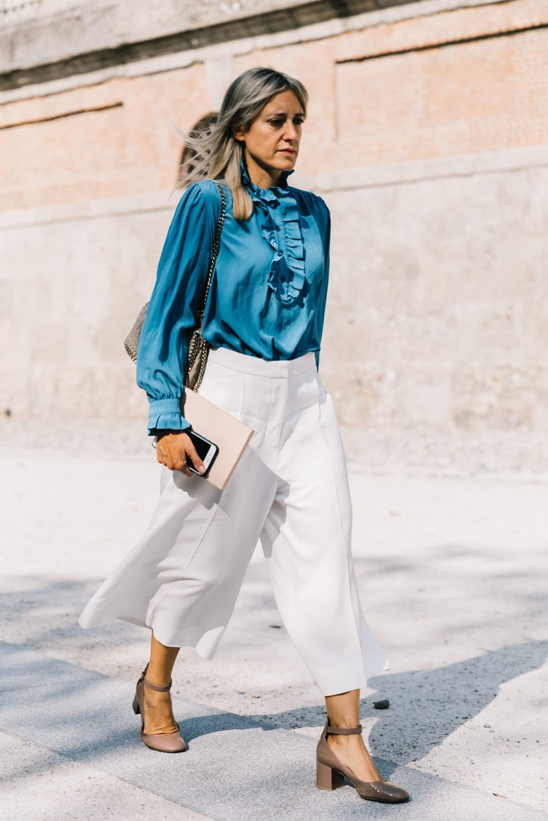 Blue Ruffled Blouse with White Wide-Leg Trousers Blue Ruffled Blouse with White Wide-Leg Trousers — Trendy Interview Outfits
