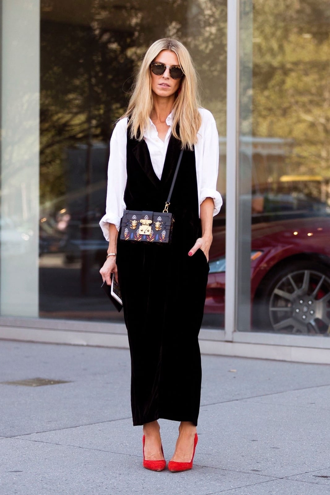 Black Velvet Jumpsuit with Red Heels Black Velvet Jumpsuit with Red Heels — Trendy Interview Outfits