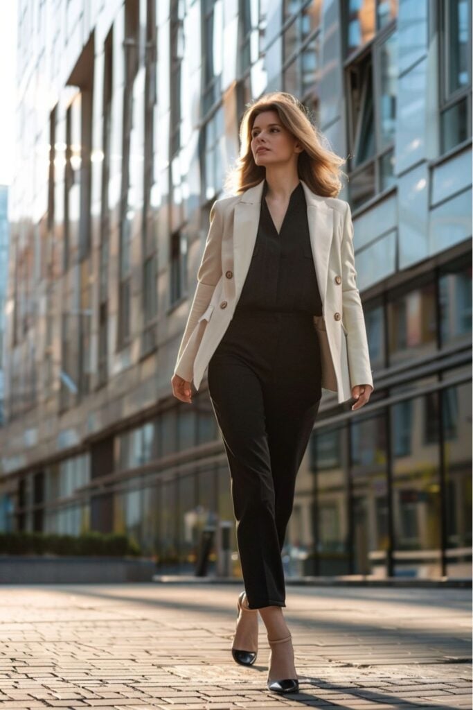 Black Jumpsuit and Cream Double-Breasted Blazer Black Jumpsuit and Cream Double-Breasted Blazer — Trendy Interview Outfits