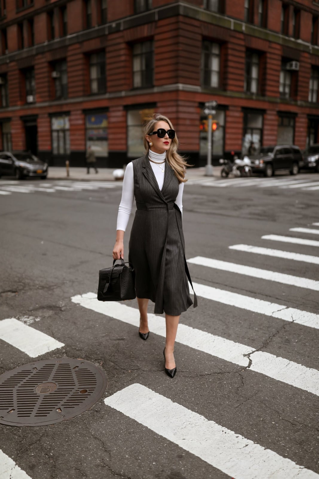 Grey Pinstripe Vest Dress with White Turtleneck Grey Pinstripe Vest Dress with White Turtleneck — Trendy Interview Outfits