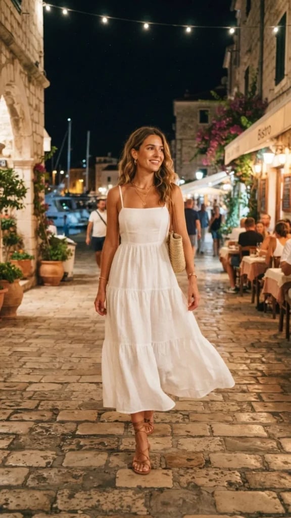 White Tiered Cotton Maxi Dress with Straw Bag — Trendy Italian Outfits