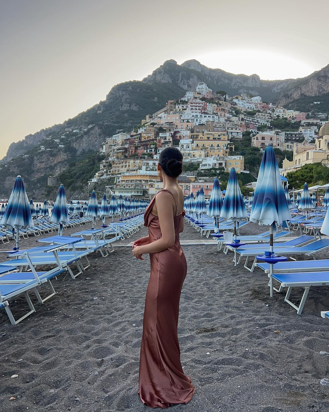 Bronze Satin Cowl Neck Slip Dress on Italian Coast — Trendy Italian Outfits