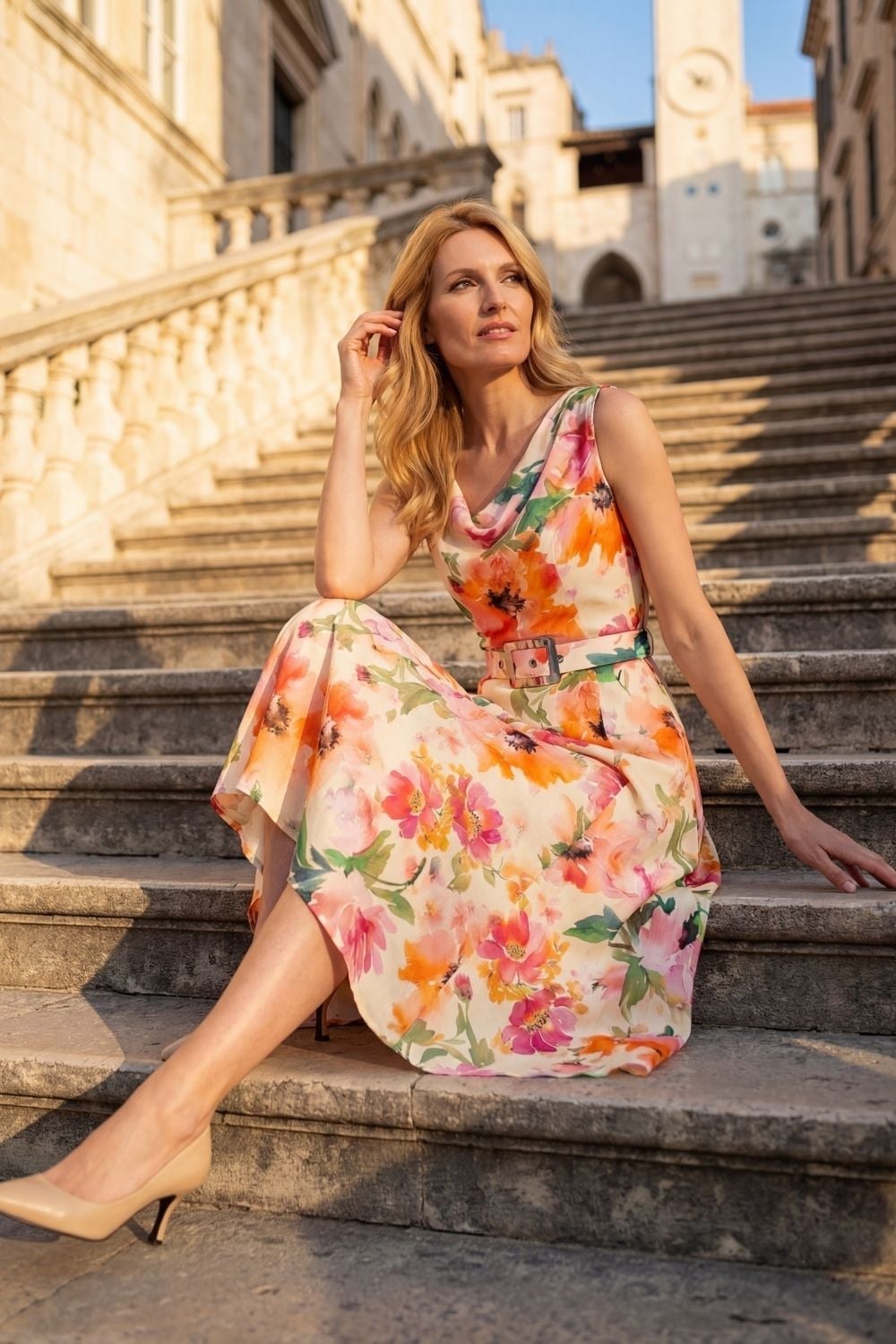 Cream Floral Print Belted Dress with Nude Pumps — Trendy Italian Outfits