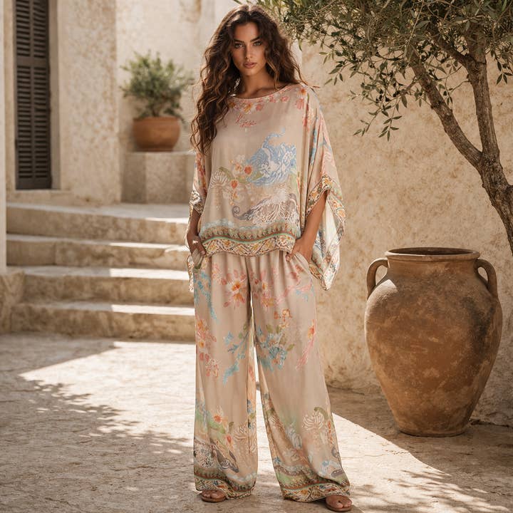 Neutral Floral Print Matching Set with Wide-Leg Trousers — Trendy Italian Outfits