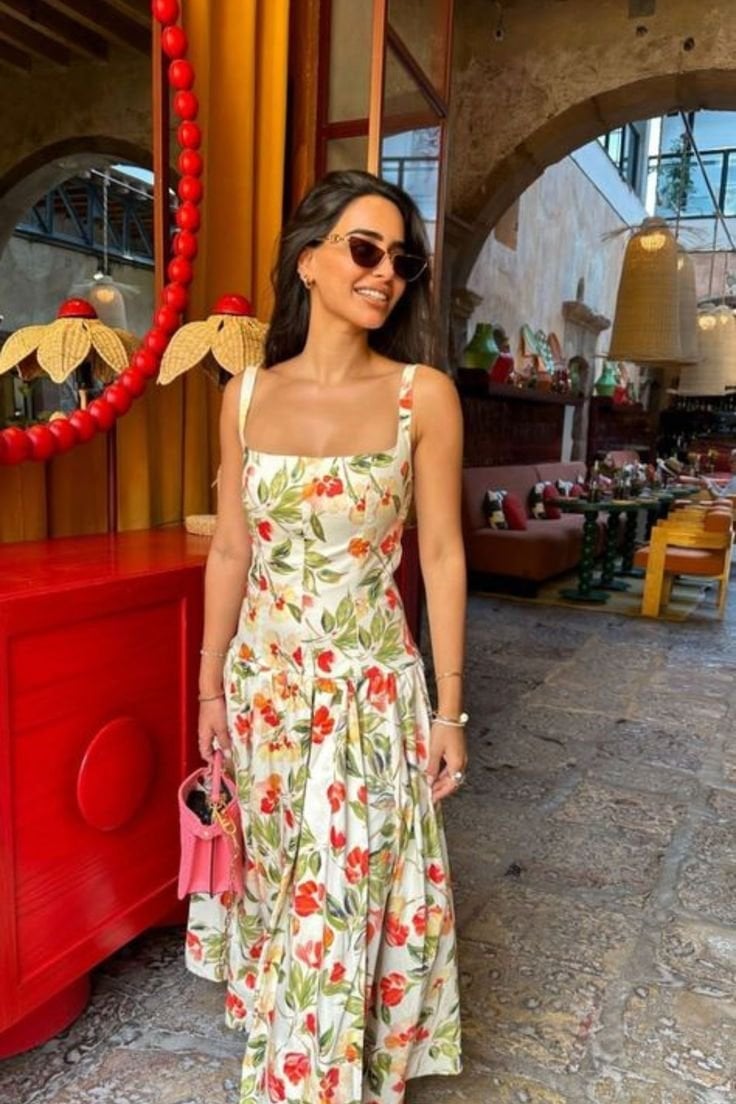 White Midi Dress with Bold Floral Print and Espadrilles — Trendy Italian Outfits