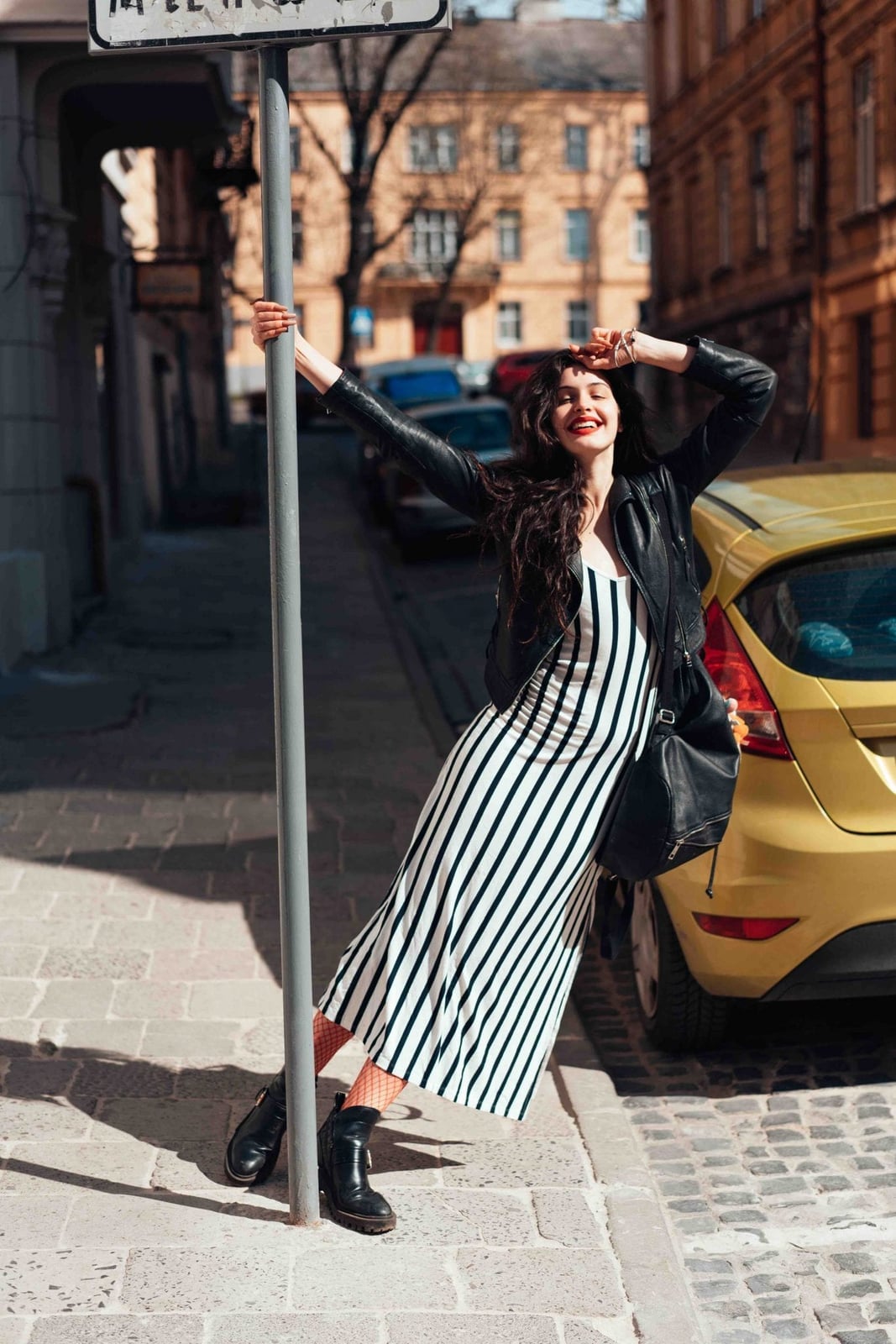 Leather Jacket Over Striped Maxi Dress, Close-Up Take Leather Jacket Over Striped Maxi Dress, Close-Up Take — Trendy Italy Outfits