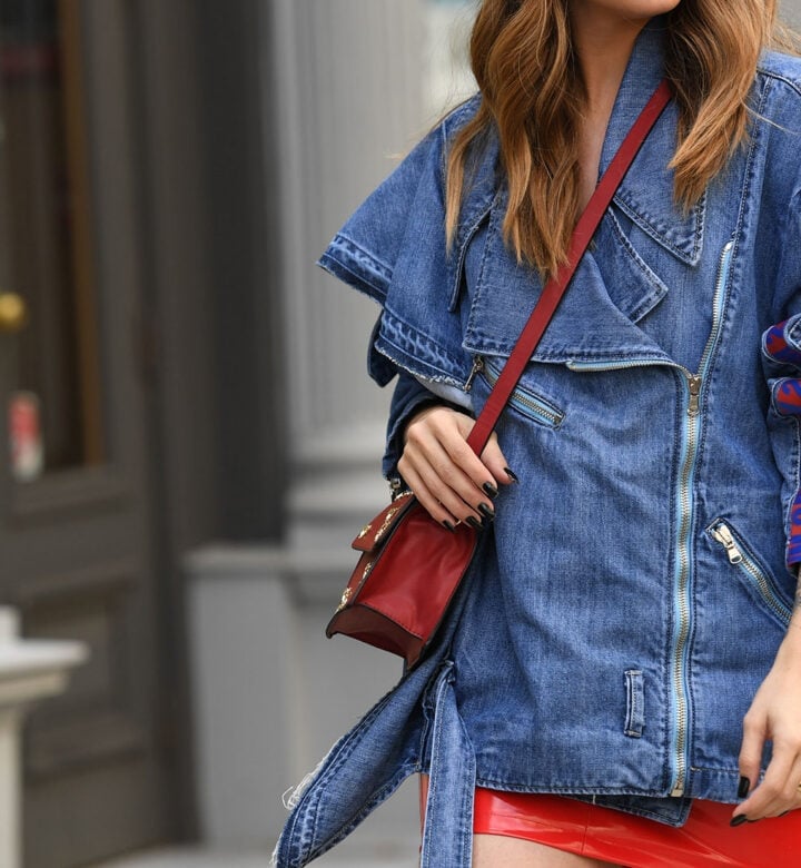 Blue Denim Jacket with Red Mini Skirt, Office-Safe Version Blue Denim Jacket with Red Mini Skirt, Office-Safe Version — Trendy Jacket Outfits