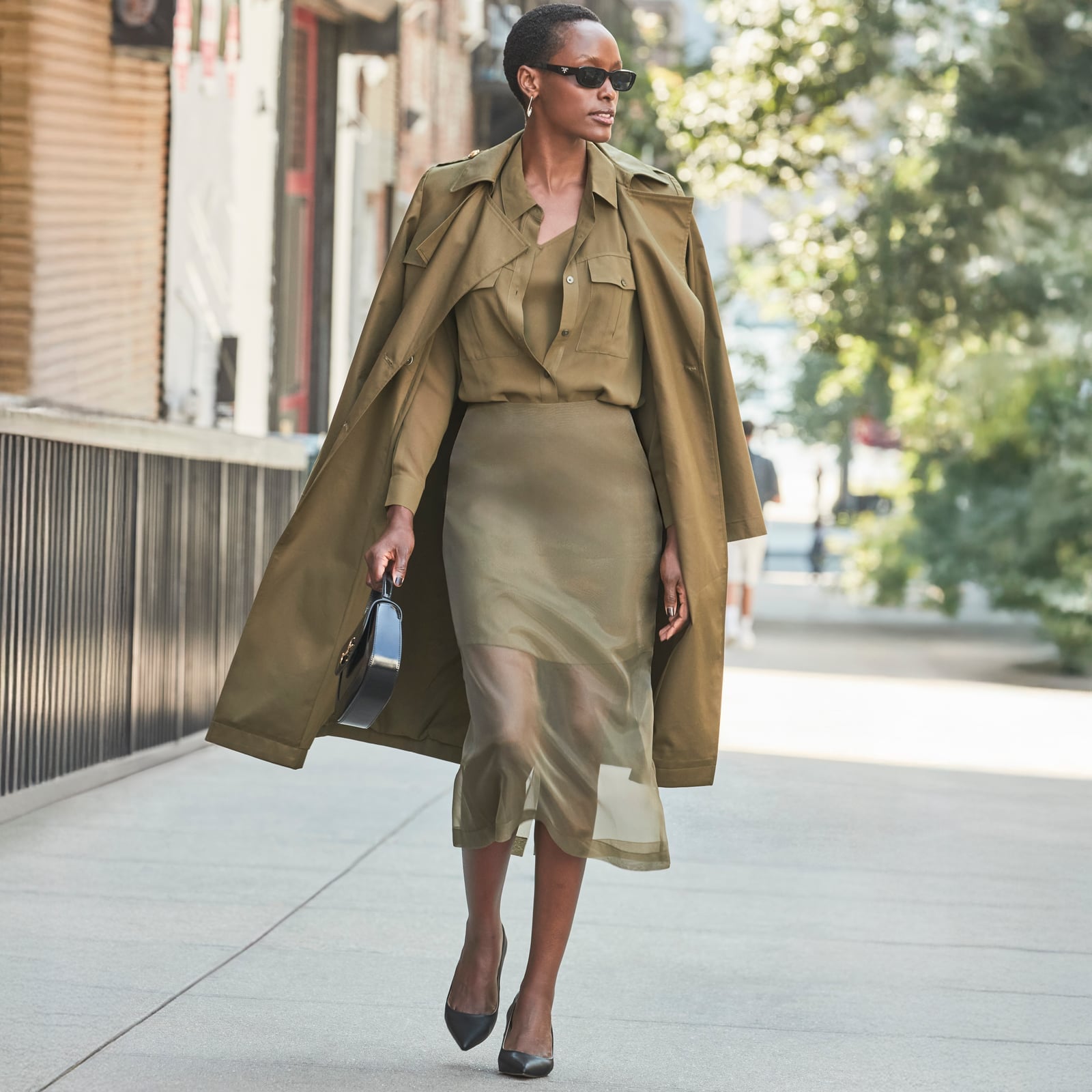 Olive Green Trench Coat with Sheer Midi Skirt Olive Green Trench Coat with Sheer Midi Skirt — Trendy Jacket Outfits