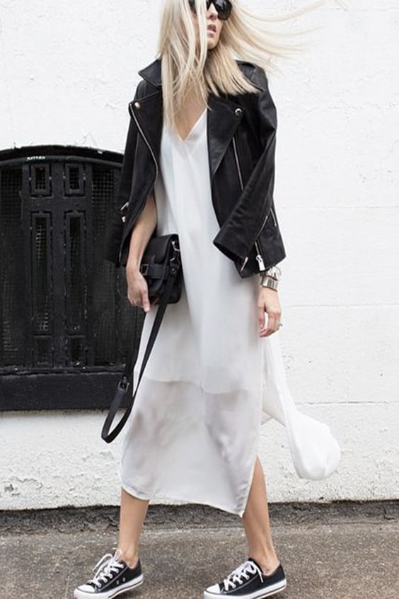 Black Leather Moto Jacket with White Slip Dress Black Leather Moto Jacket with White Slip Dress — Trendy Jacket Outfits