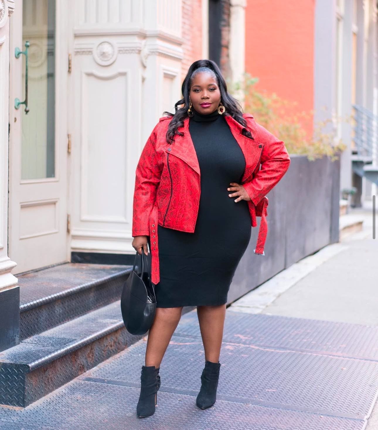 Red Textured Jacket with Black Dress and Ankle Boots Red Textured Jacket with Black Dress and Ankle Boots — Trendy Jacket Outfits