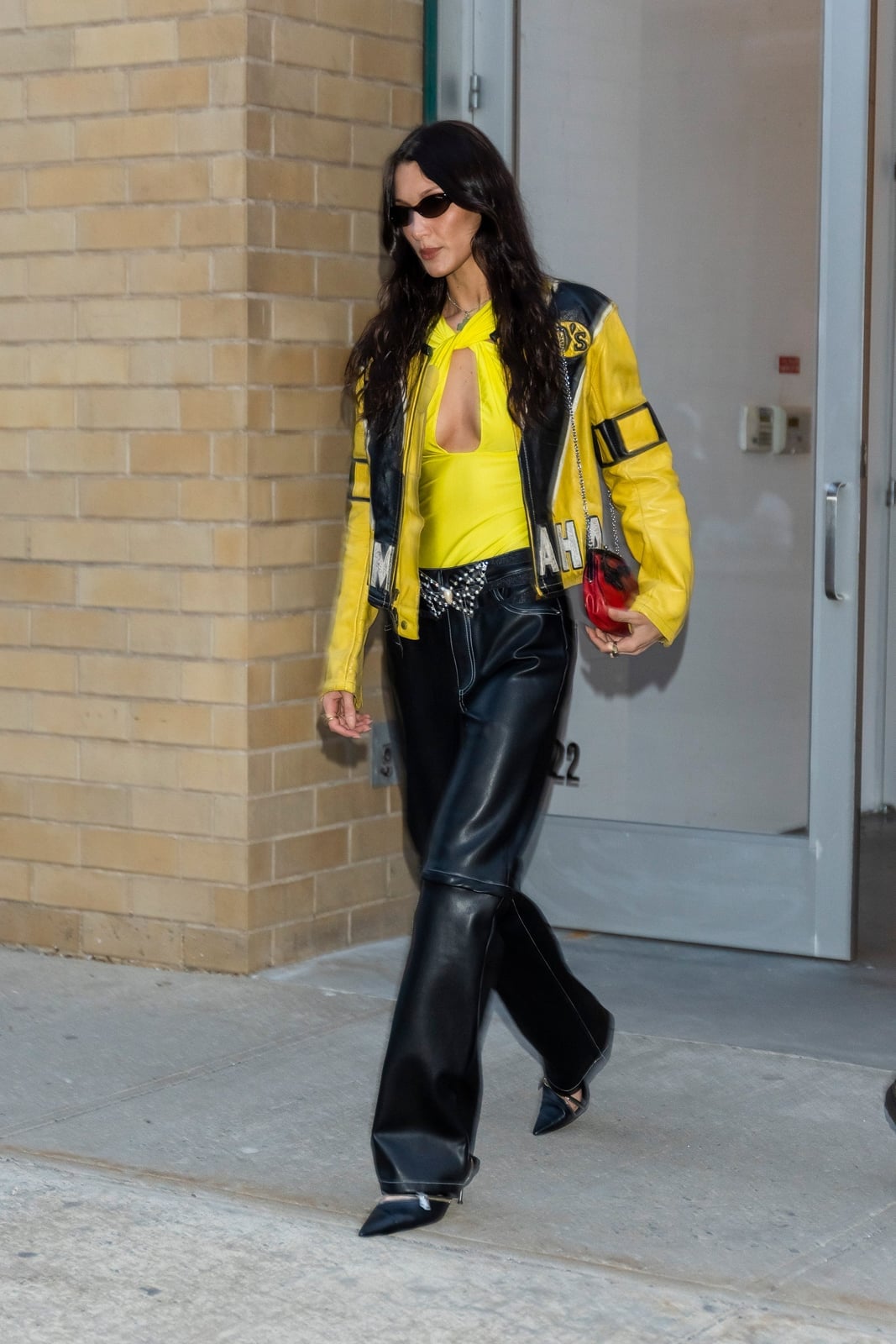 Yellow and Black Moto Jacket with Wide Leg Leather Pants Yellow and Black Moto Jacket with Wide Leg Leather Pants — Trendy Jacket Outfits