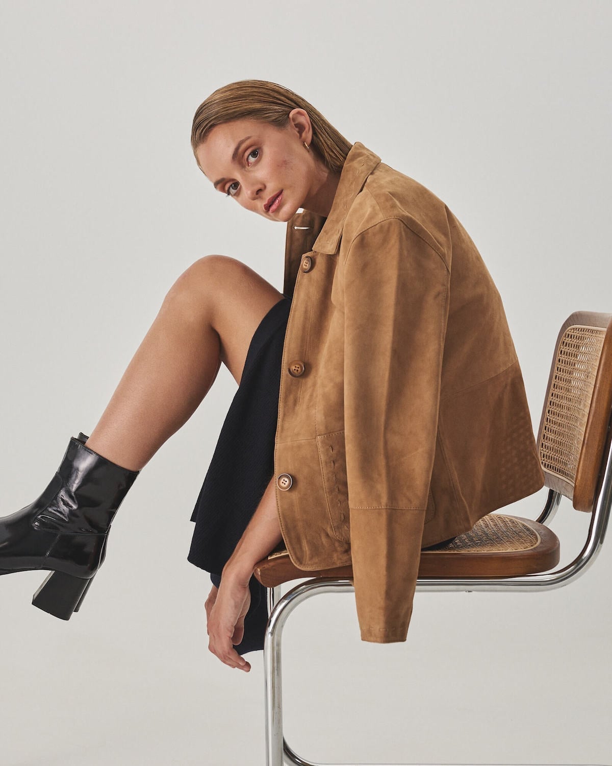 Brown Suede Jacket with Black Dress and Ankle Boots Brown Suede Jacket with Black Dress and Ankle Boots — Trendy Jacket Outfits