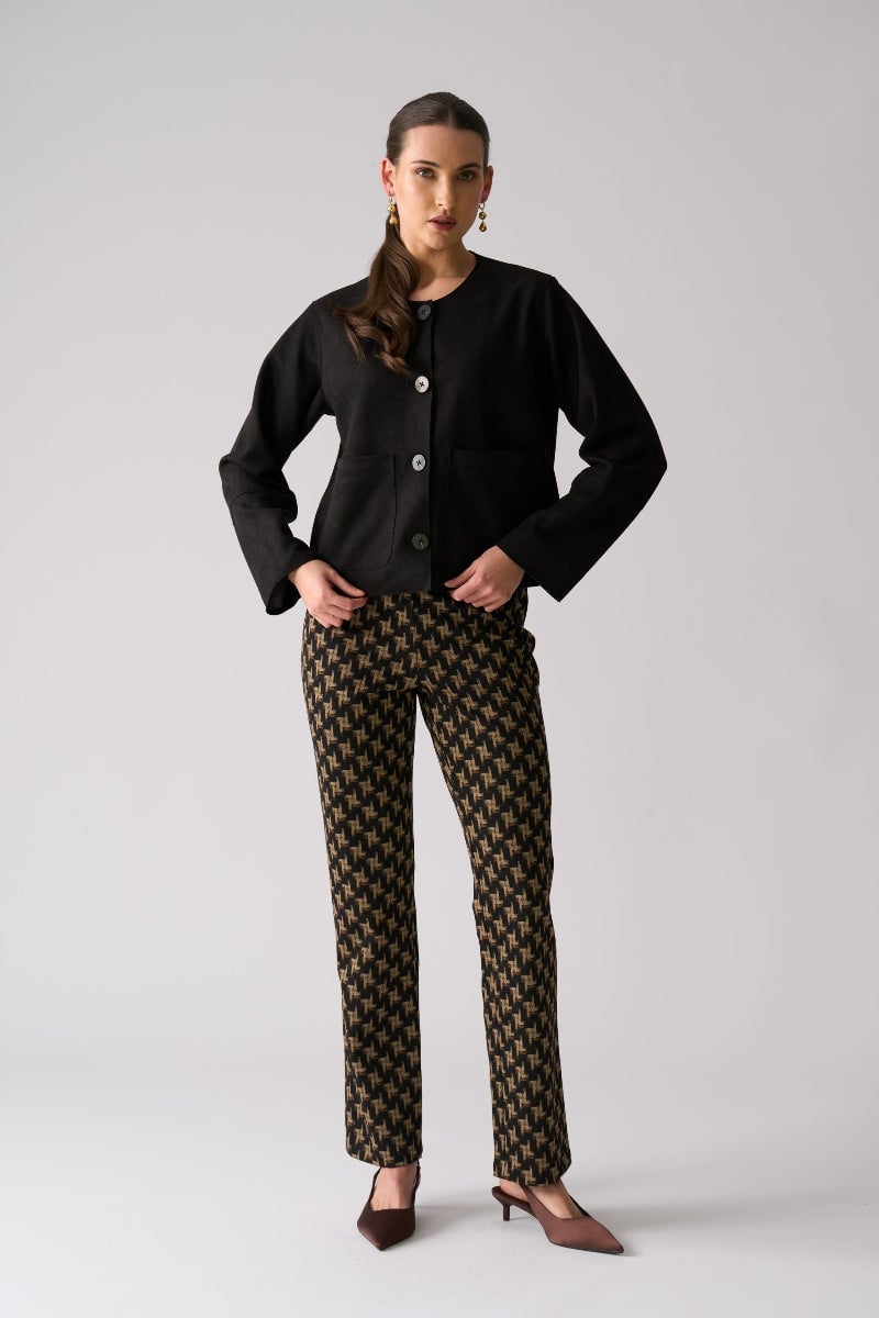 Black Jacket with Patterned Trousers and Matching Heels Black Jacket with Patterned Trousers and Matching Heels — Trendy Jacket Outfits