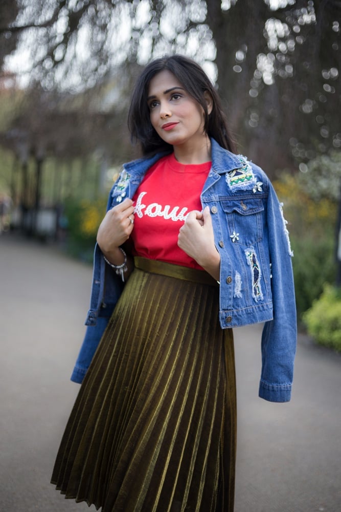 Embellished Denim Jacket with Pleated Midi Skirt Embellished Denim Jacket with Pleated Midi Skirt — Trendy Jacket Outfits