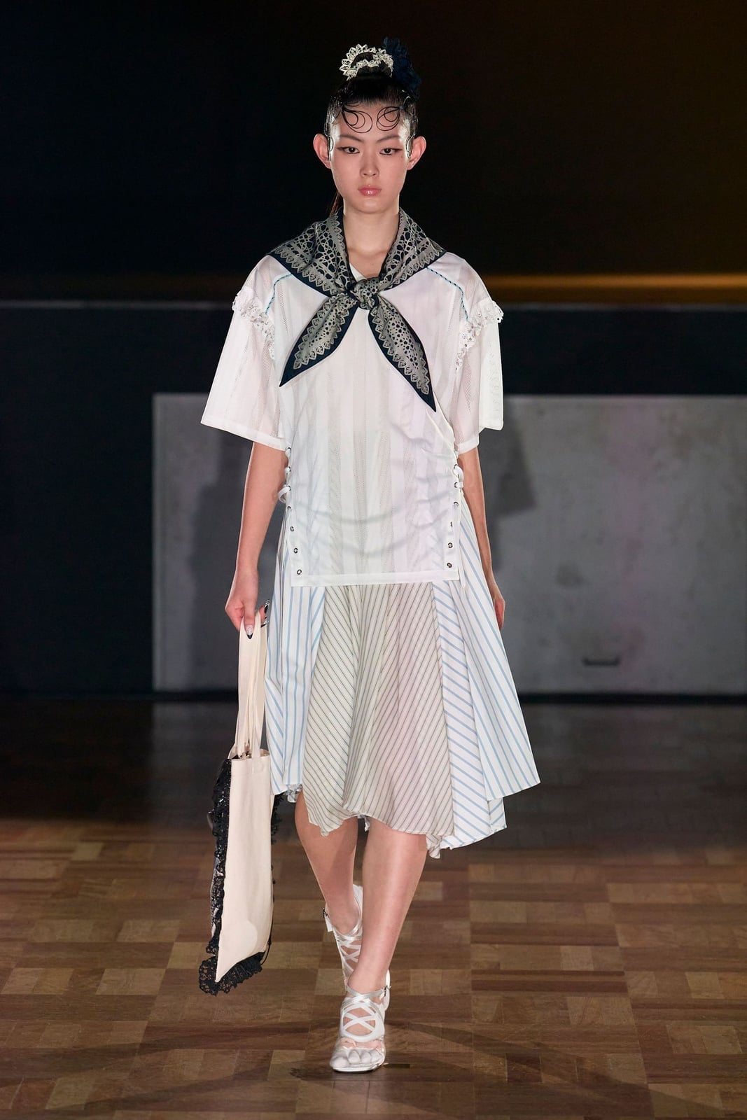 Layered Striped Skirt with Neck Scarf and Lace-Up Sandals Layered Striped Skirt with Neck Scarf and Lace-Up Sandals — Trendy Japan Outfits
