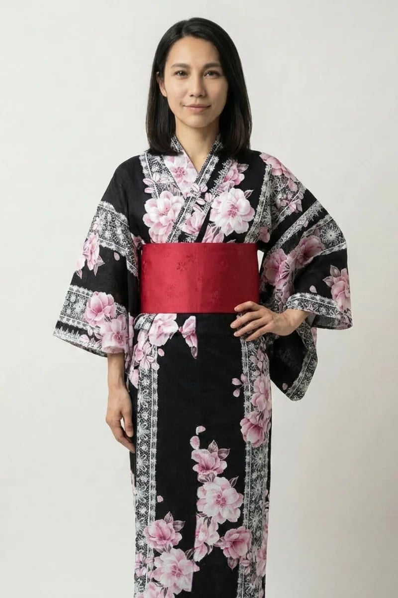 Floral Print Yukata with Red Obi Sash and Platform Sandals Floral Print Yukata with Red Obi Sash and Platform Sandals — Trendy Japan Outfits