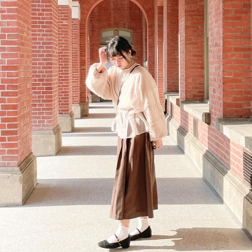 Sheer Blouse with A-line Midi Skirt and Mary Janes Sheer Blouse with A-line Midi Skirt and Mary Janes — Trendy Japan Outfits