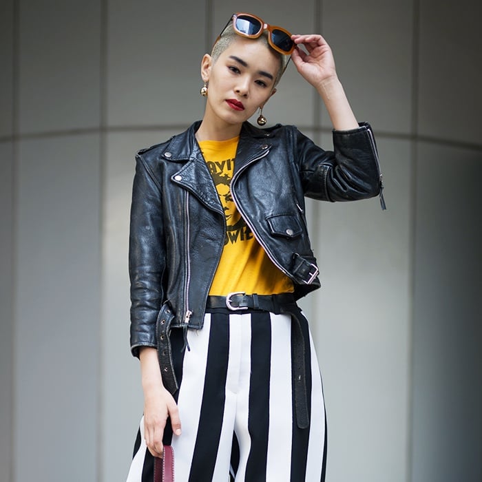 Biker Jacket Over Graphic Tee with Striped Pants Biker Jacket Over Graphic Tee with Striped Pants — Trendy Japan Outfits