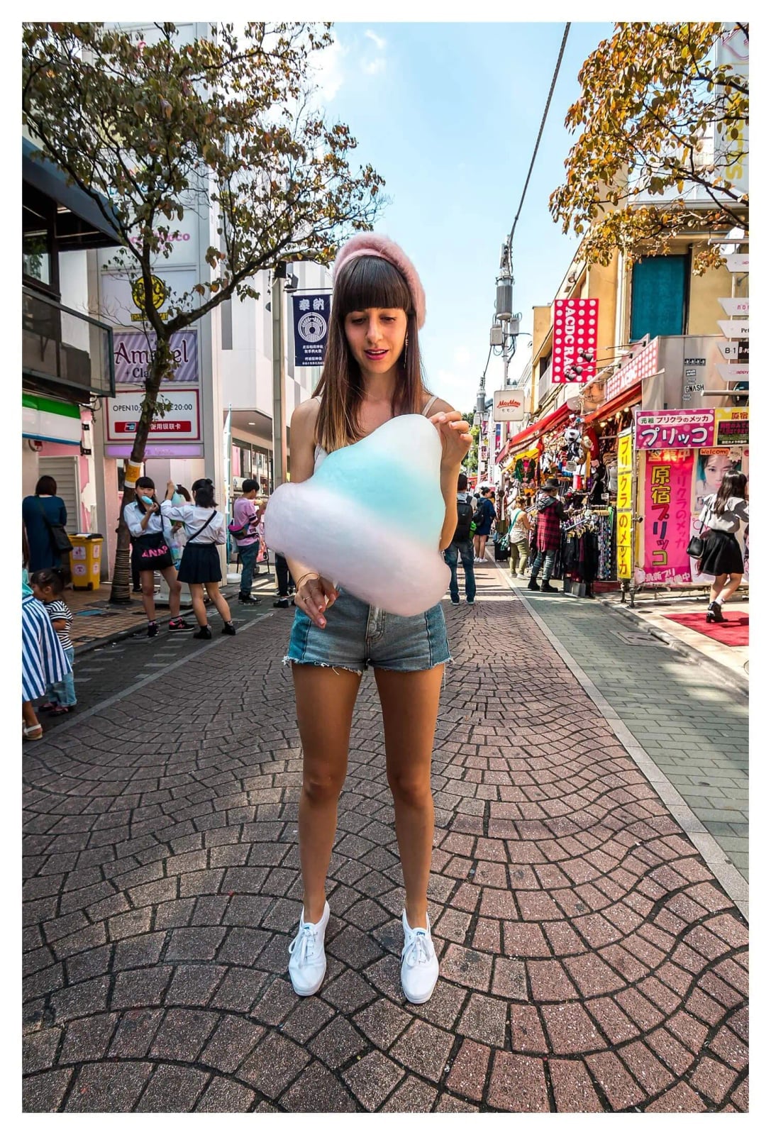 Denim Shorts with White Top and Fuzzy Headband Denim Shorts with White Top and Fuzzy Headband — Trendy Japan Outfits