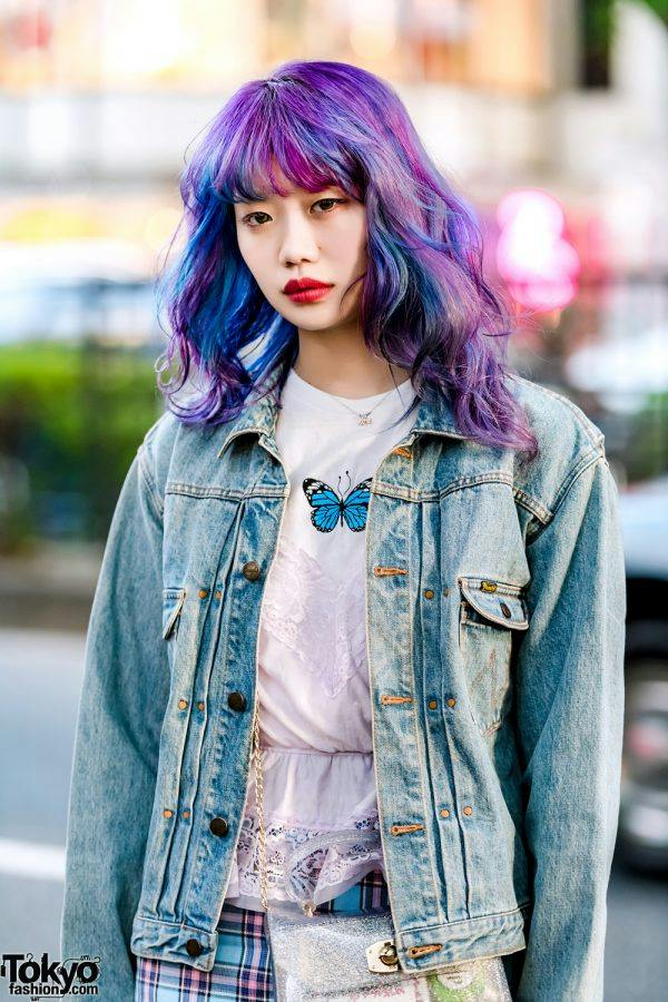 Denim Jacket Over Sheer Skirt with Silver Necklace Denim Jacket Over Sheer Skirt with Silver Necklace — Trendy Japan Outfits