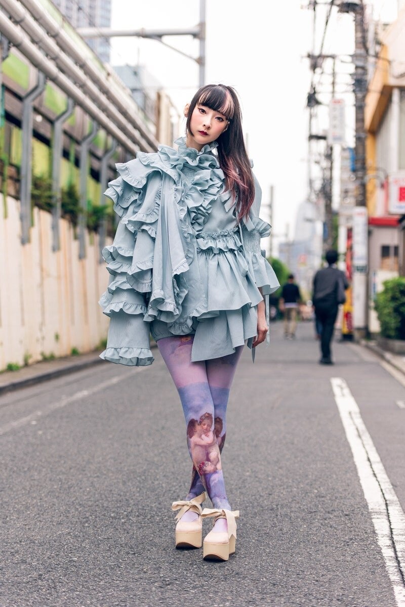 Ruffled Blue Dress with Patterned Tights and Platform Wedges Ruffled Blue Dress with Patterned Tights and Platform Wedges — Trendy Japan Outfits