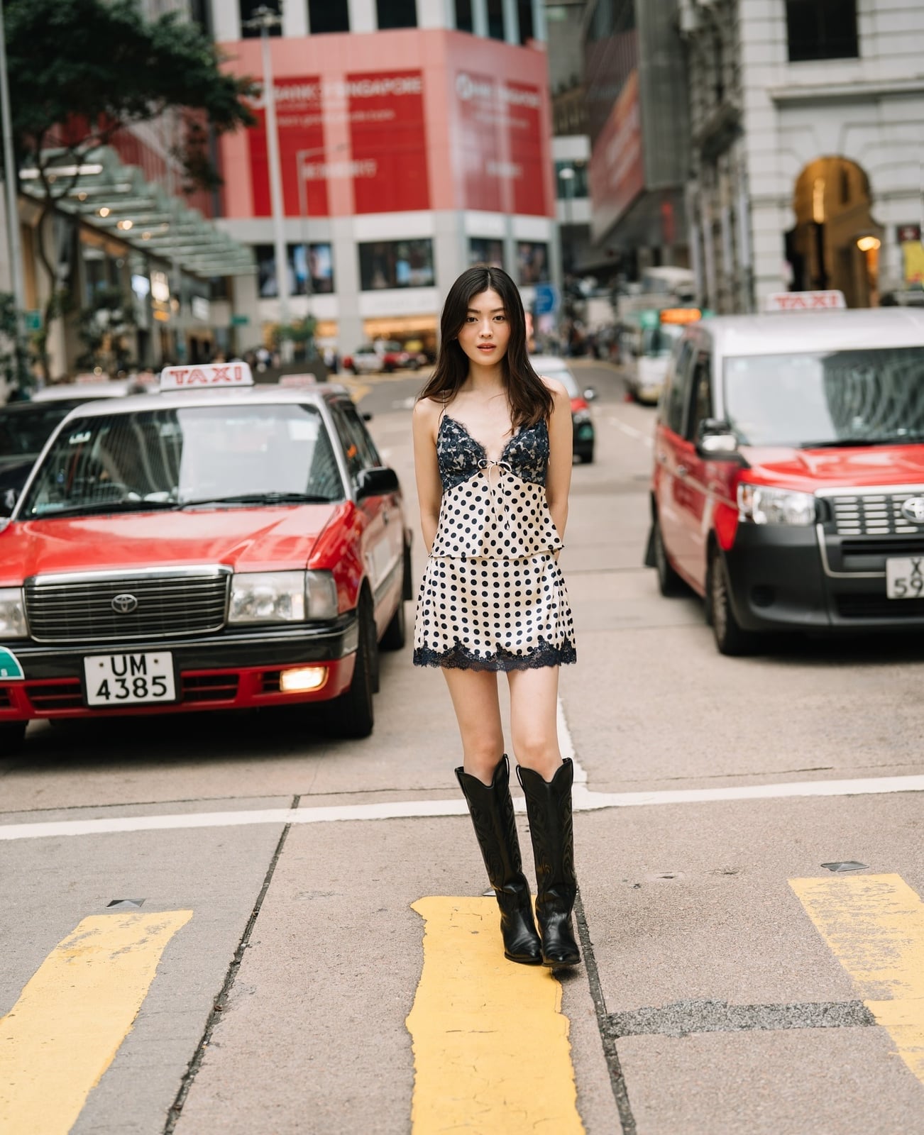 Polka Dot Camisole Dress with Lace Trim and Knee-High Boots Polka Dot Camisole Dress with Lace Trim and Knee-High Boots — Trendy Japan Outfits
