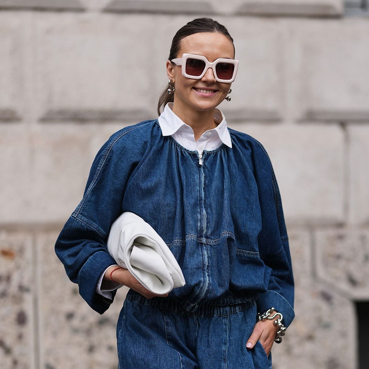 Oversized Denim Bomber Jacket Over Collared Shirt Oversized Denim Bomber Jacket Over Collared Shirt — Trendy Jean Jacket Outfits