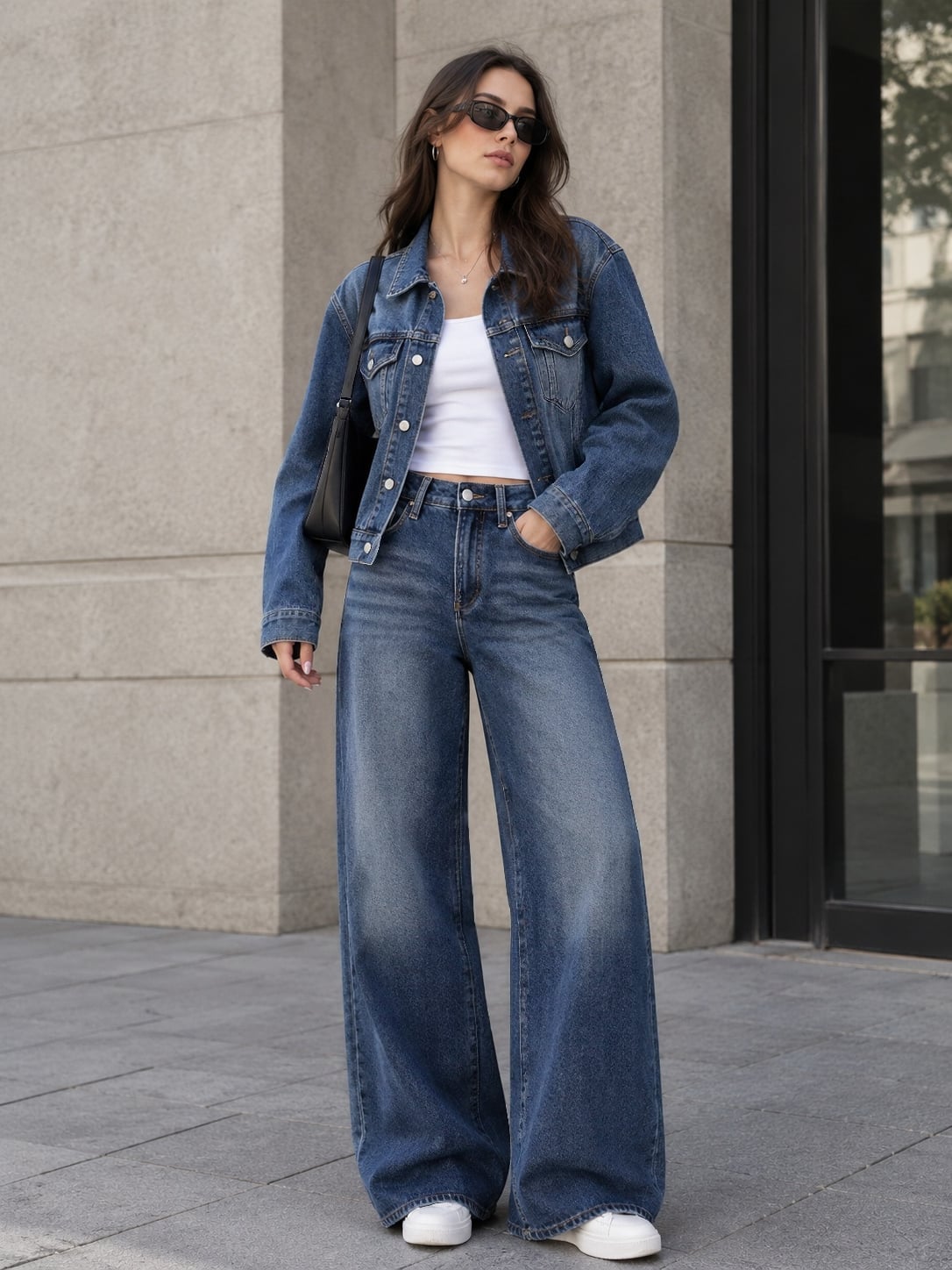 Denim Jacket with Extremely Wide-Leg Jeans Denim Jacket with Extremely Wide-Leg Jeans — Trendy Jean Jacket Outfits