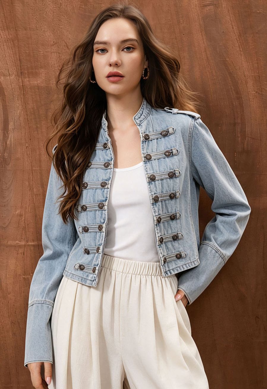 Cropped Light Blue Military-Style Denim Jacket Cropped Light Blue Military-Style Denim Jacket — Trendy Jean Jacket Outfits