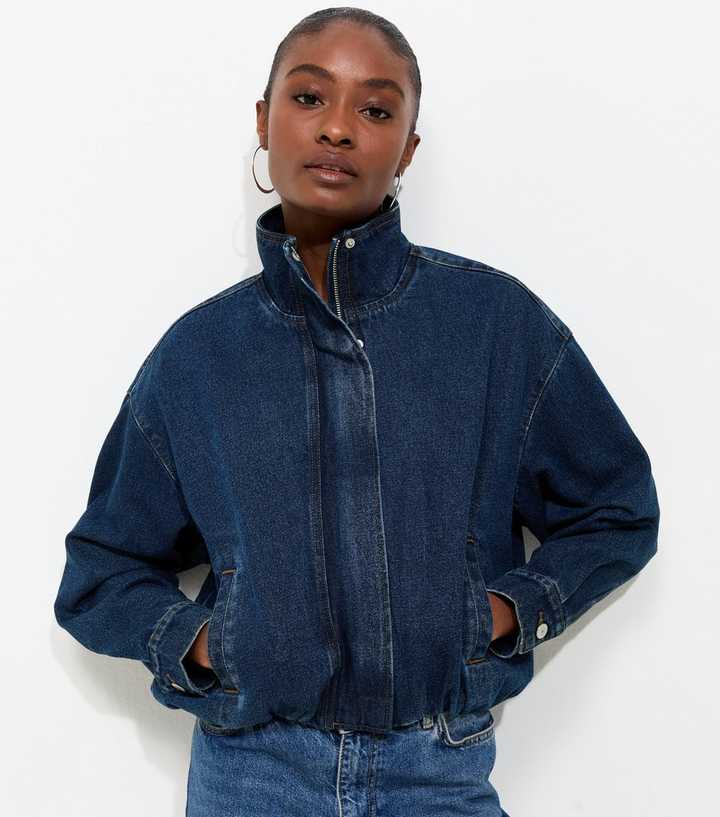 Relaxed Fit Funnel Neck Denim Jacket Relaxed Fit Funnel Neck Denim Jacket — Trendy Jean Jacket Outfits