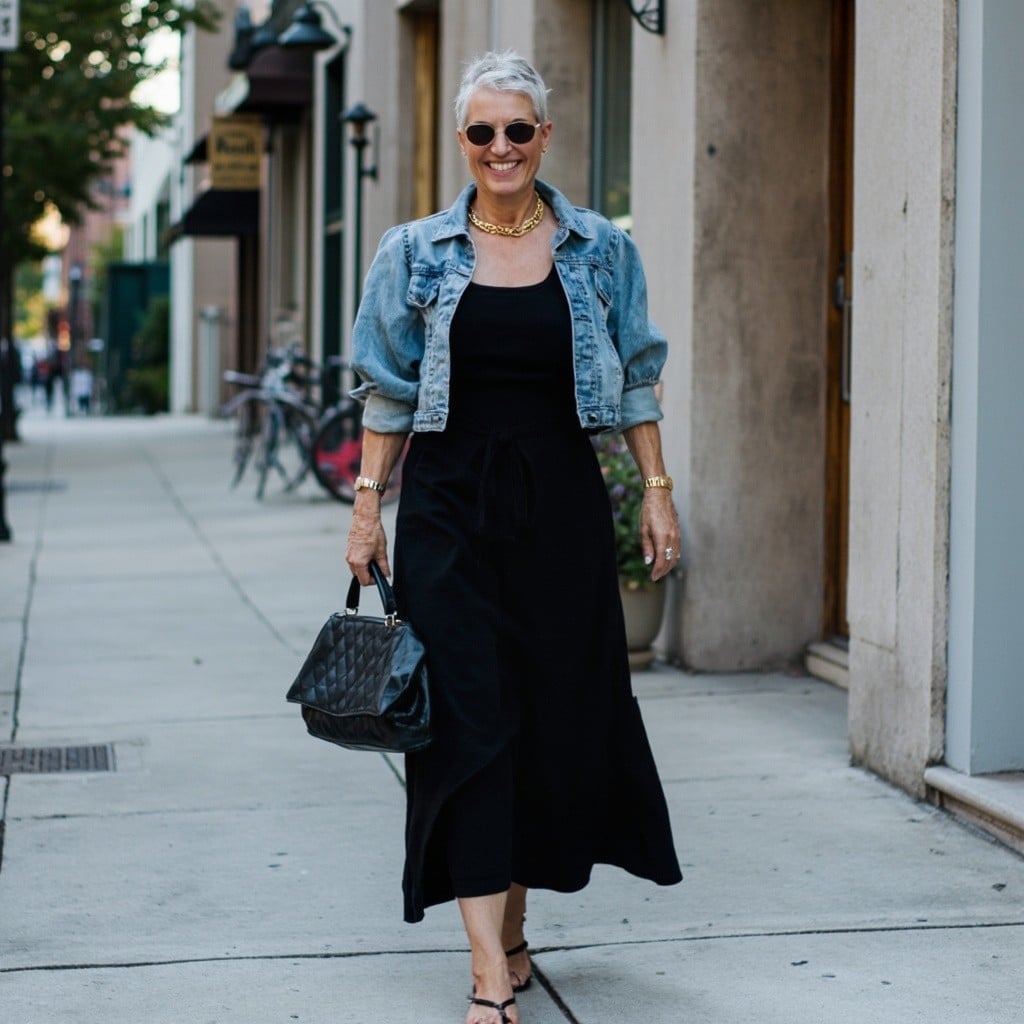 Cropped Blue Denim Jacket Over Black Midi Dress Cropped Blue Denim Jacket Over Black Midi Dress — Trendy Jean Jacket Outfits