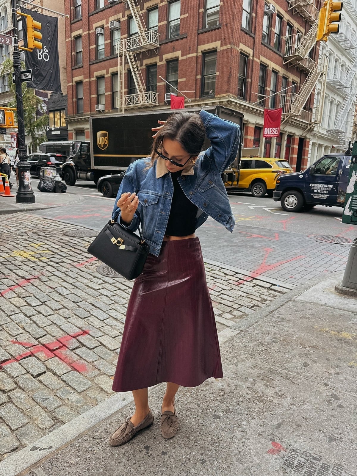 Oversized Denim Jacket with Leather Midi Skirt Oversized Denim Jacket with Leather Midi Skirt — Trendy Jean Jacket Outfits