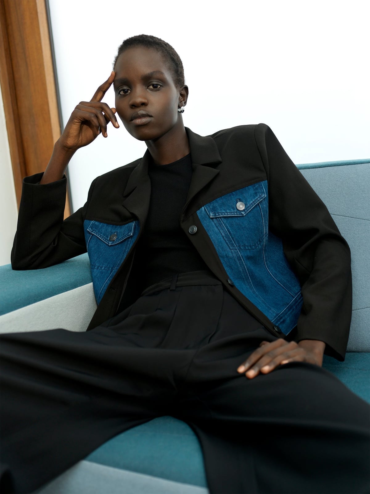 Fitted Black Blazer with Denim Panels Fitted Black Blazer with Denim Panels — Trendy Jean Jacket Outfits