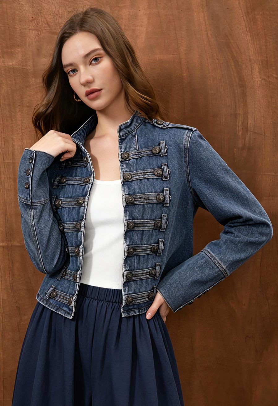 Cropped Fitted Denim Jacket with Military Details Cropped Fitted Denim Jacket with Military Details — Trendy Jean Jacket Outfits