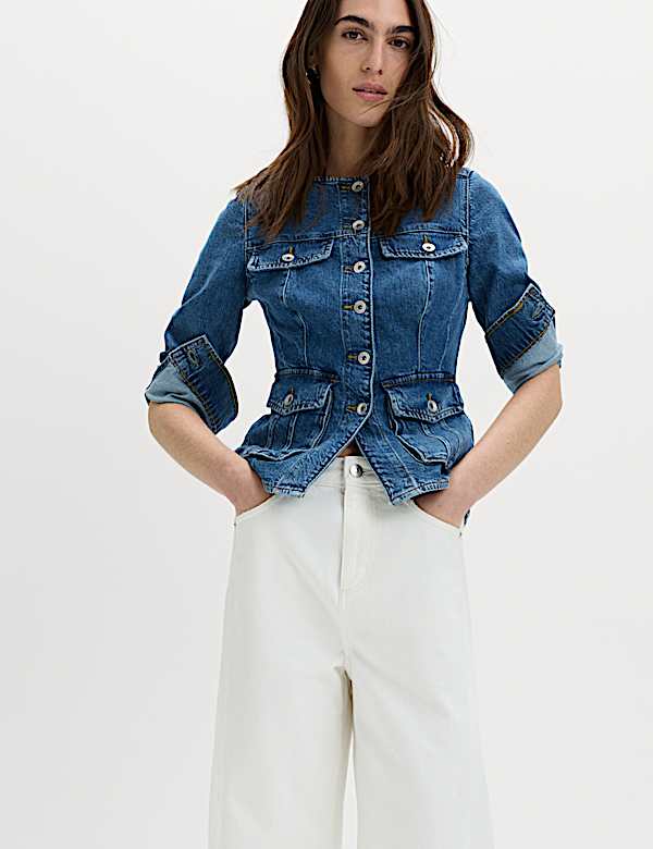 Fitted Collarless Denim Jacket with Utility Pockets Fitted Collarless Denim Jacket with Utility Pockets — Trendy Jean Jacket Outfits