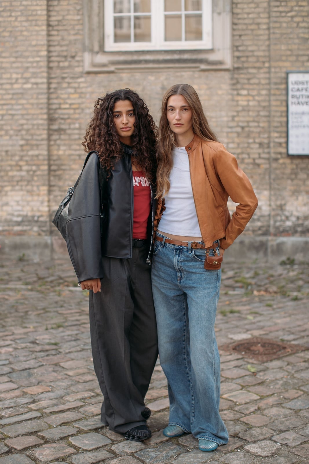 Light-wash Wide-Leg Jeans with a White T-Shirt and Leather Jacket — Trendy Jeans Outfits