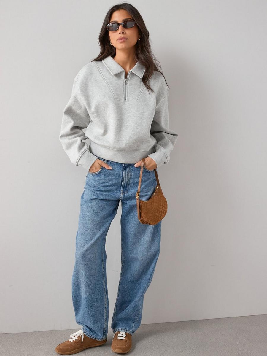 Light Blue Wide Leg Jeans with a Grey Quarter-Zip Sweatshirt — Trendy Jeans Outfits