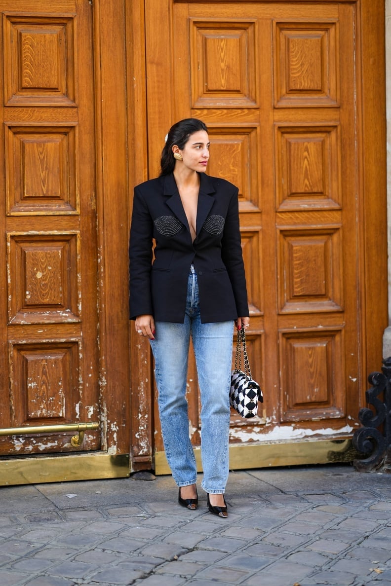 Light Wash Straight-Leg Jeans with an Embellished Black Blazer — Trendy Jeans Outfits