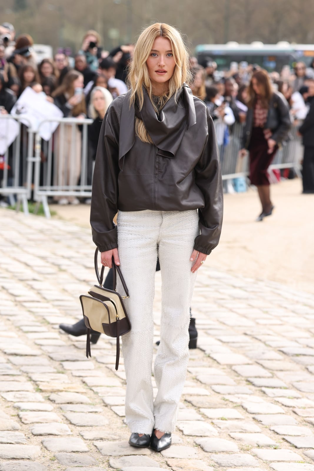 White Textured Straight-Leg Jeans with a Draped Leather Jacket — Trendy Jeans Outfits