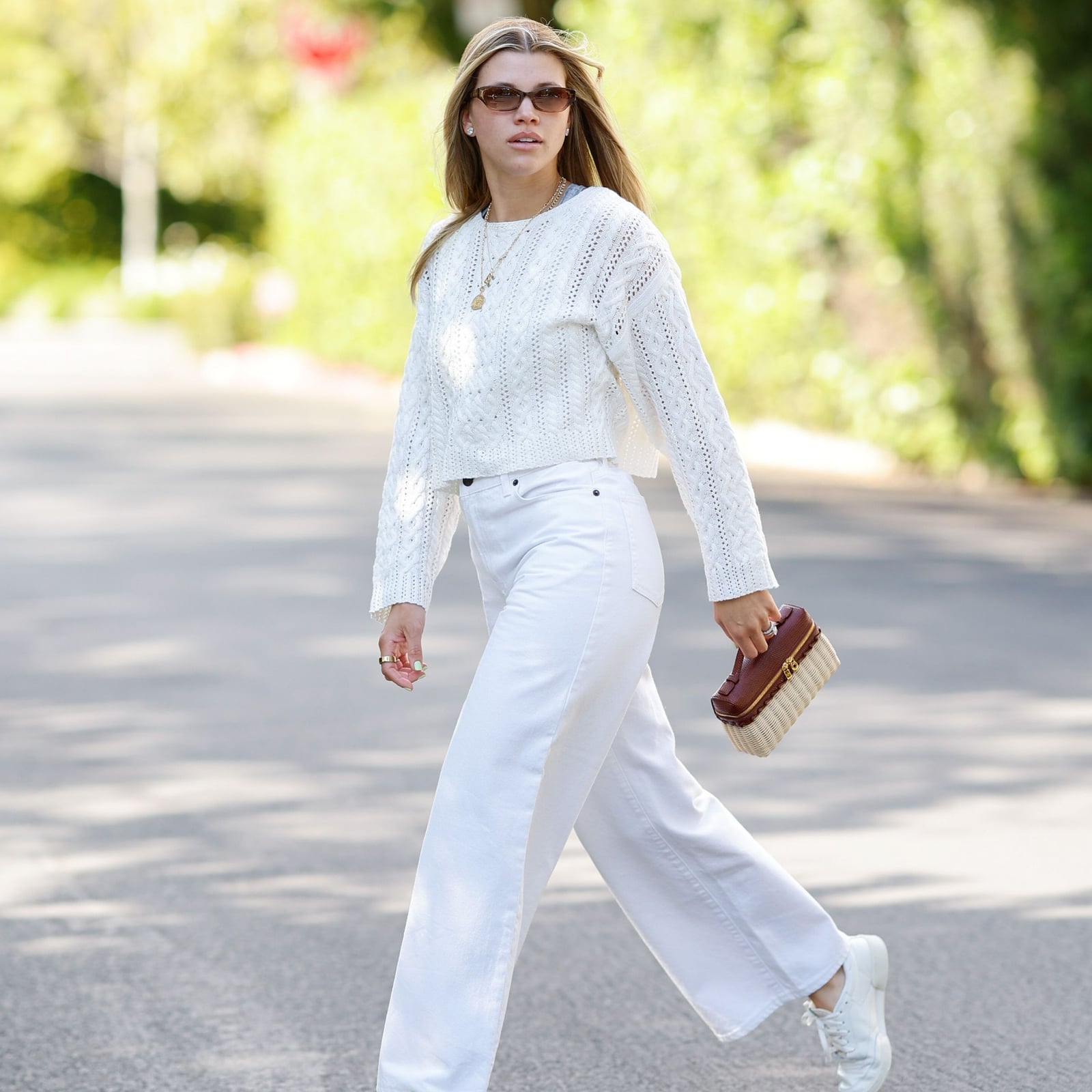 White Wide-Leg Jeans with a White Cable-Knit Sweater — Trendy Jeans Outfits