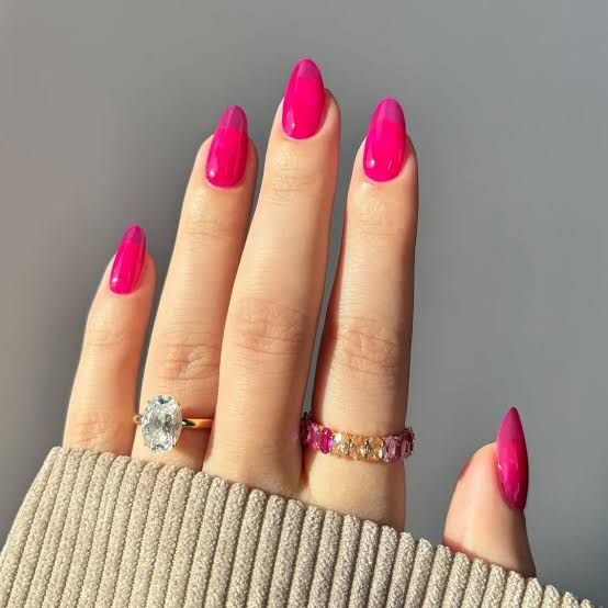 Vibrant Pink Jelly Medium Almond Nails — Trendy Jelly Nails