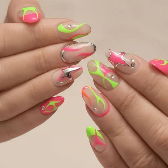 Vibrant Neon Pink Orange Green Blue Jelly Medium Oval Nails — Trendy Jelly Nails